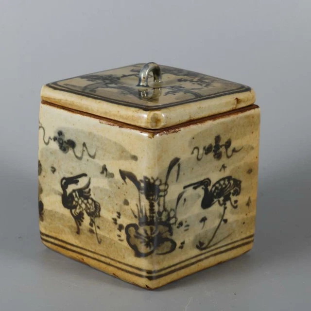 Chinese Ming Blue and White Porcelain Jar Crane Design Pot Tea Caddy 3.94" 萬福攸同