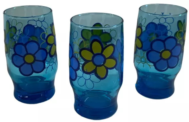 Vintage Set 3 Libby Blue Retro Floral Juice Drinking Glasses Boho Flower Power