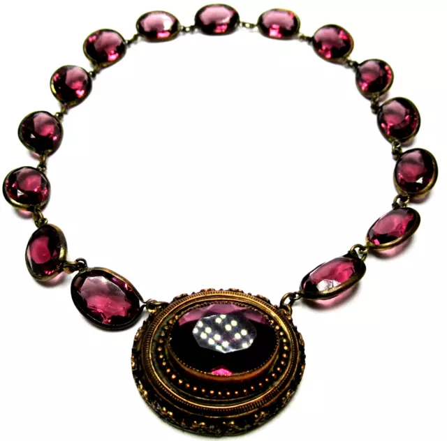 Stunning Art Deco Purple Bezel Set Glass Antique Necklace