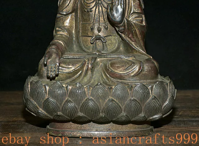 11,2" Altes Tibet Bronze Vergoldete Kwan-yin Guan Yin Göttin Lotus Base Statue 3