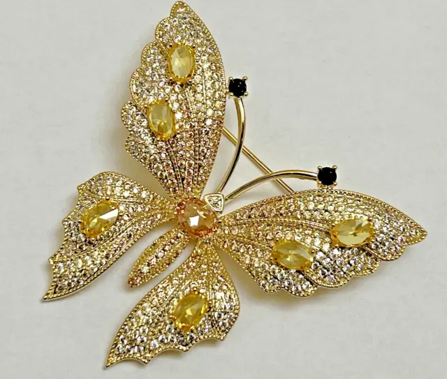 Yellow Pink Butterfly Insect Bug Crystal Glass Rhinestone Brooch Pin Vintage USA