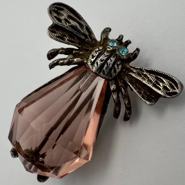 Vintage Sandor Sterling Silver Pink Glass Aqua Rhinestone Bug Insect Brooch