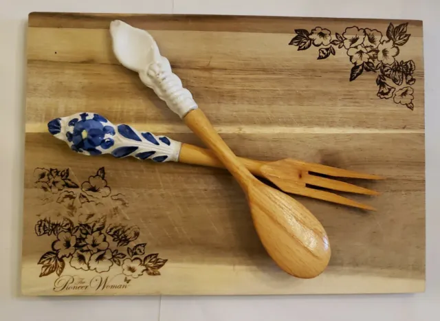 The Pioneer Woman Wildflower Whimsy Acacia Wooden Cutting Board & fork & spoon