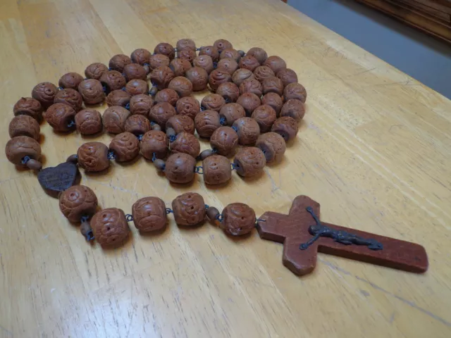Large Antique French Wall Rosary Hand Carved Wood Beads Souvenir Lourdes