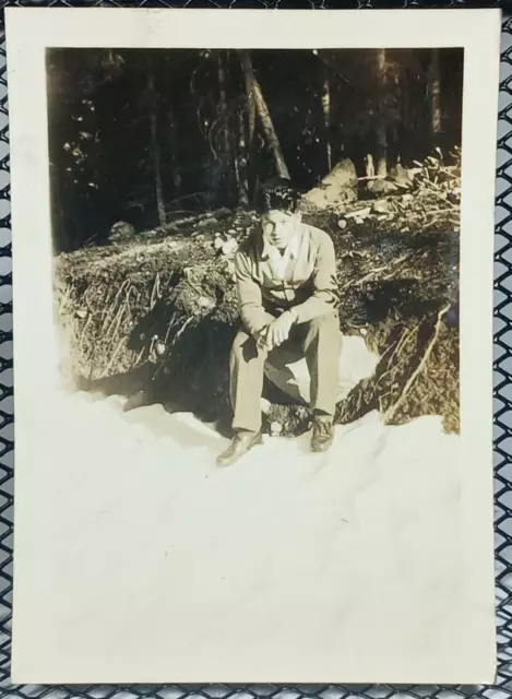 c.1930's Native Teen Boy Hiking Sitting Nature Ethnic Small Vintage Photo 1940's