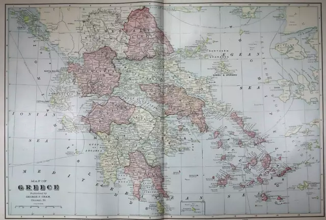 Old (Lg14x22) 1904 Cram's Atlas Map ~ GREECE ~Inv#320