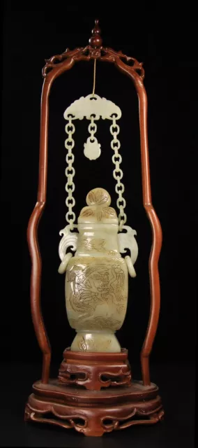 Chinese Exquisite Handmade Inlaid Hetian Jade Chain Bottle Dragon Phoenix