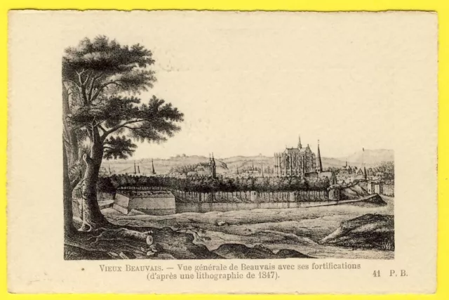 cpa engraving 60 - general view of BEAUVAIS FORTIFICATIONS after Litho from 1847