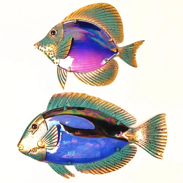 2-Pcs Metal Wall Mounted Decor Art Ocean Fish Hanging Sculpture Home Ornament US