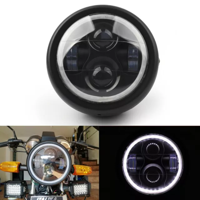 Moto 6.5" Projector LED Headlight + White Halo Ring Fits Cafe Racer Bobber SG