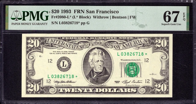 1993 $20 Federal Reserve Star Note San Francisco Fr.2080-L* Pmg Superb 67 Epq