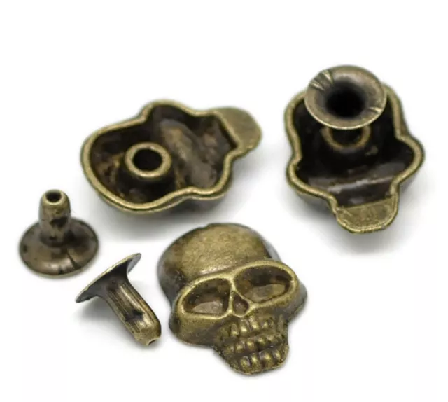 Pkg of 10 BRONZE SKULLS Metal Rivet Studs 5/8" x 1/2" Crafts (20759) 6mm post