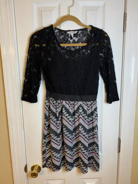 Speechless Womens Size Small Black Lace Chevron Midi Length 3/4 Sleeve Dress