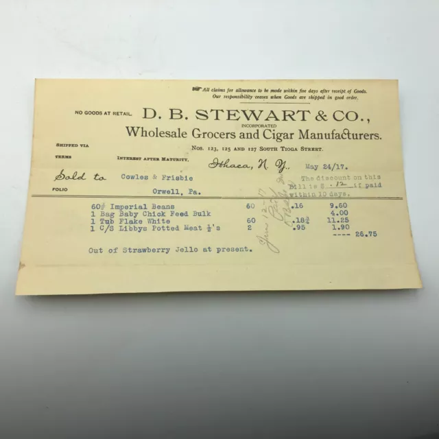 1917 Antique DB STEWART Grocers + Cigars Billhead Letterhead Receipt Ithaca V8