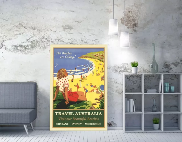 Vintage Retro Australia Travel Poster -Canvas Wall Art Picture Print- Blue Green 2