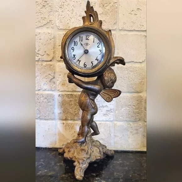 Antique Waterbury Art Nouveau Bronze Cherub Mantle / Table Clock