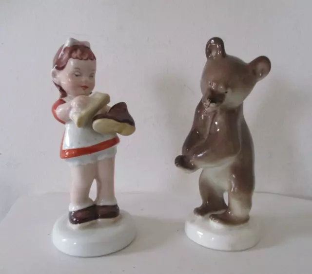 Vintage Royal Dux Figurine of a Little Girl & Russian Lomonosov Bear