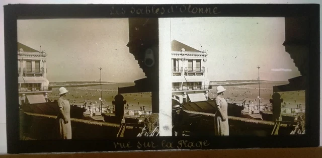 zc23 positive stereo glass plate BE circa 1920 Sables d'Olonne animated beach