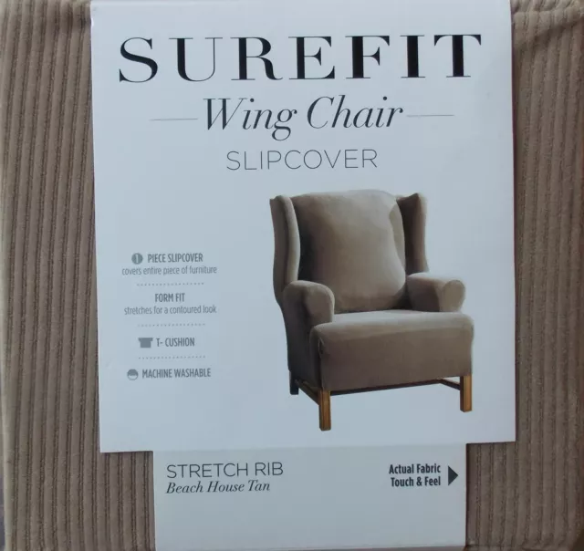 Surefit Stretch Rib Wing Chair Slip Cover ~ NEW Beach House Tan Surefit Stretch Rib Wing Chair Slip Cover ~ NEW Beach House Tan