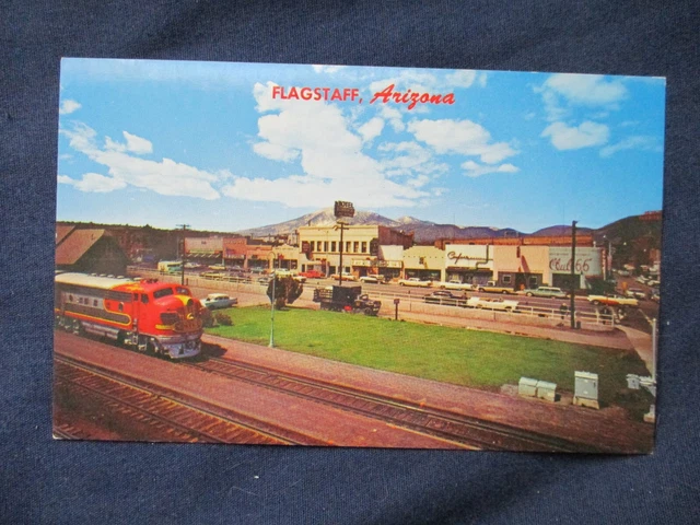 1960s Flagstaff Arizona Street Scene & Santa Fe RR Train Route 66 Postcard