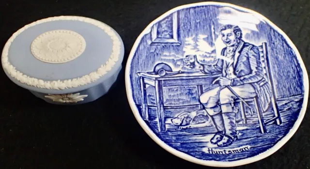 Vintage Blue Transferware ENOCH WEDGWOOD Huntsman Plate & Jasperware Trinket Box