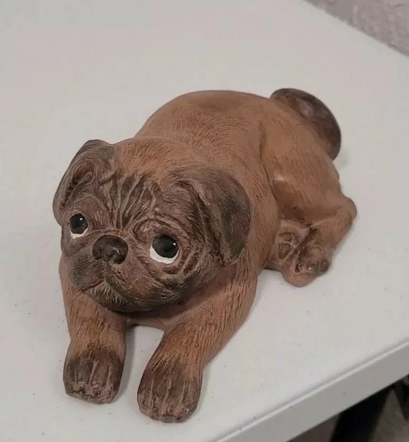 Handpainted Ceramic Dog PUG IN REPOSE Laying Down Relaxing Cute Adorable 8" Long