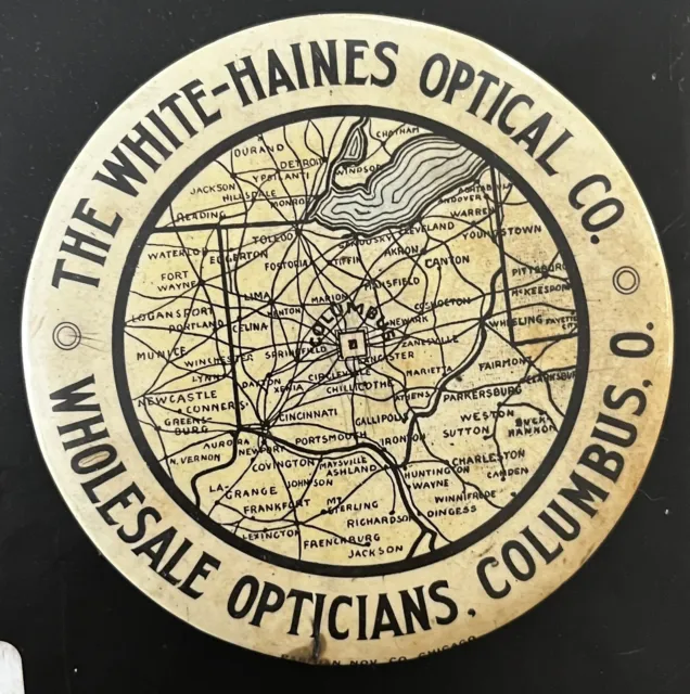 Early Celluloid Paperweight WHITE-HAINES OPTICAL Wholesale Opticians Columbus Oh