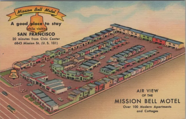 Mission Bell Motel San Francisco CA Aerial Artist View linen postcard G981