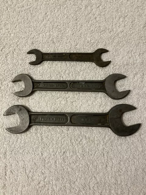3 Vintage FORGED STEEL OPEN END DOUBLE WRENCHES Made in USA Tools