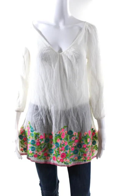 Shoshanna New With Tags Embroidered Floral V Neck Tunic Top Shirt White Size XS