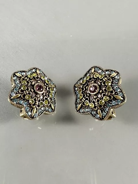 HEIDI DAUS Brass Tone Star Multicolor Crystal Rhinestones Clip On Earrings