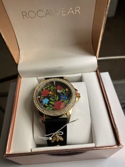 Brand New Original ROCAWEAR Womens Flower Display With Black Leather Band