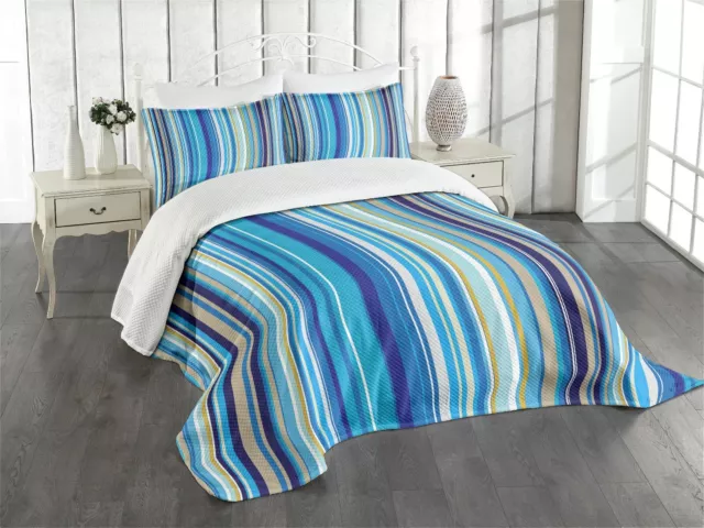 Blue Quilted Bedspread & Pillow Shams Set, Vertical Stripes Retro Art Print