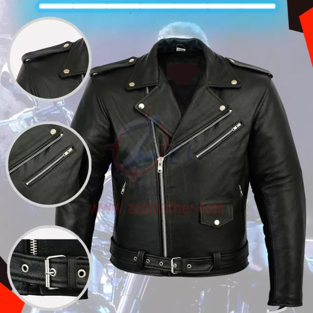 New Mens Brando Sheepskin Black Leather Jacket Biker Motorcycle