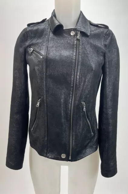 REBECCA TAYLOR Metallic Black Lamb Leather Moto Biker Jacket Size 0