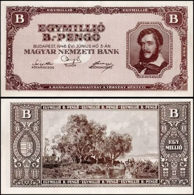 HUNGARY Egymillio 1 MILLION 1,000,000 B-PENGO Banknote(1 Quintillion) 1946 aUNC