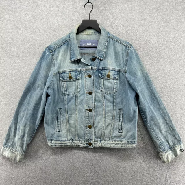 GAP 1969 Jacket Womens Size XL Blue Distressed Jean Denim Button Biker Trucker