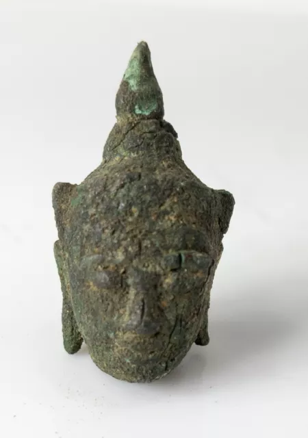 Antique South East Asian Bronze Sukhothai Buddha Head Verdigris Surface
