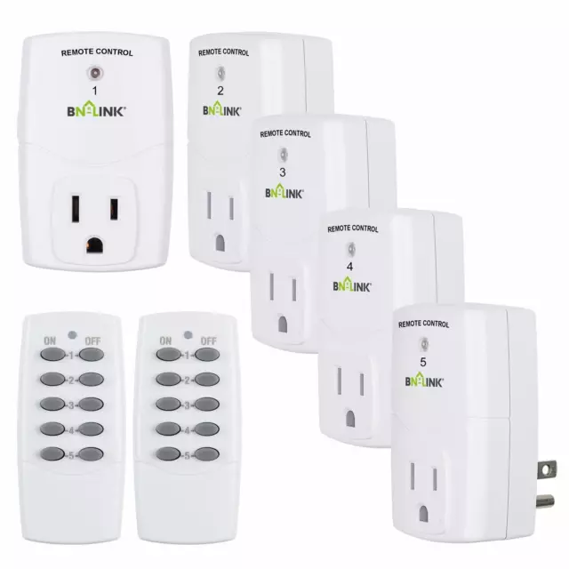BN-LINK Indoor Wireless Remote Control Outlet Plug in with 2 Remotes +5 Sockets