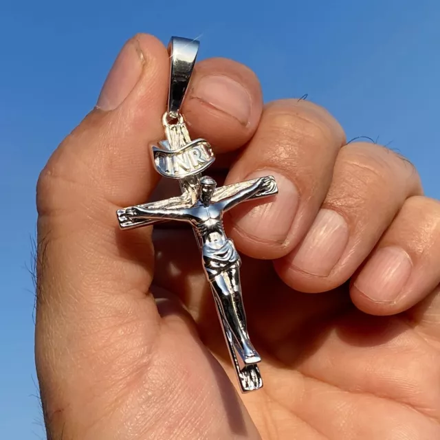 Real Solid 925 Sterling Silver Jesus Crucifix Cross Shiny Pendant Large 2.5" in