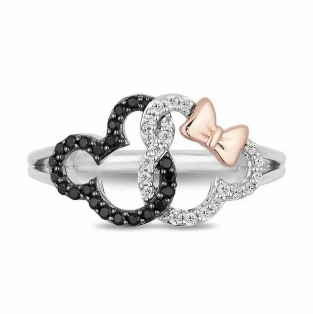 Lovely Cartoon Character's Face 1/4Ct Black & White Round CZ-Stone Ring 925 SIL