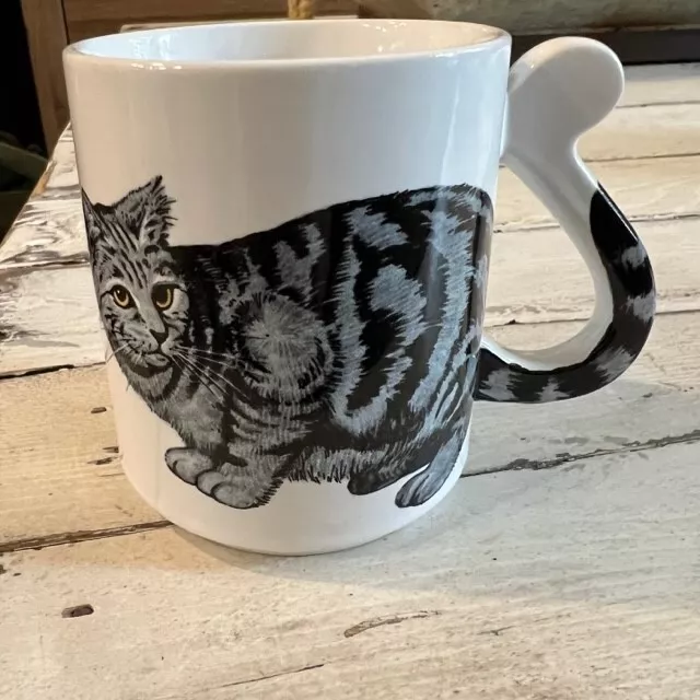 Tabby Cat Black & Gray Kitty Ceramic Coffee Mug with Tail Handle Vintage JAPAN