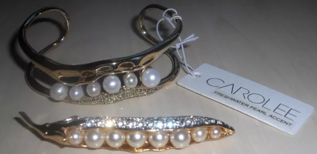 NWT 2 PINS Carolee PEAS IN POD BROOCH & CLAMPER CUFF BRACELET CRYSTAL & PEARLs