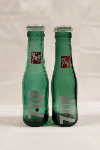 Vintage 1975 Green Glass 7UP Bottle Salt & Pepper Shakers