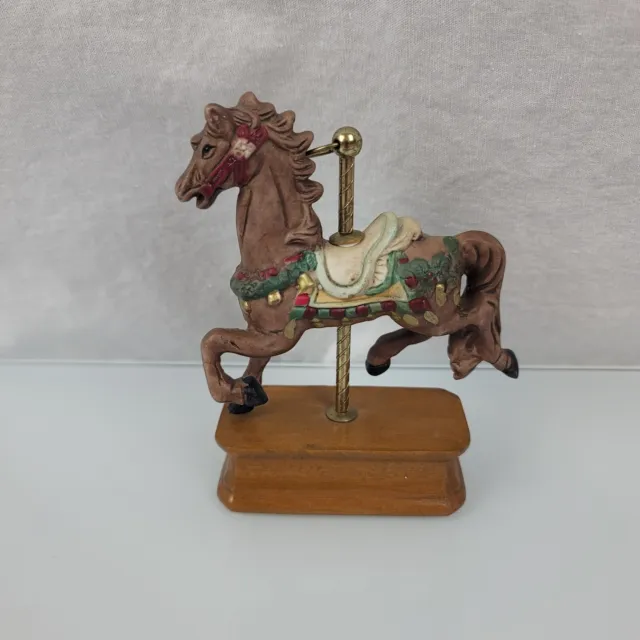 Vintage Porcelain / Ceramic  Carousel Brown Horse on Metal Pole & Wood Box
