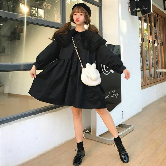 Abito donna ragazza Lolita manica lunga pizzo camicia sciolta camicetta casual top bianco 6
