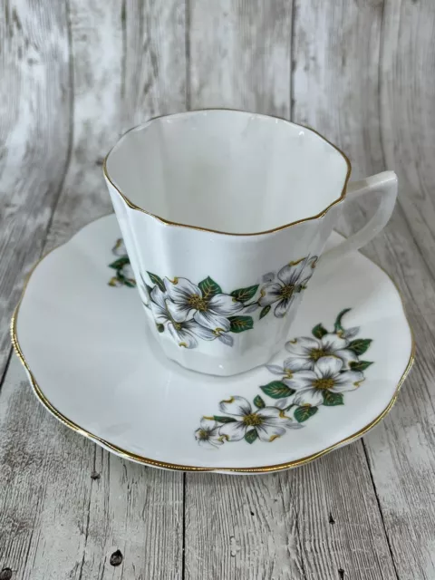 Enco National Tea Cup & Saucer White Dogwood Flowers with Gold Trim