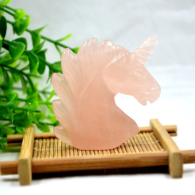 2'' Natural Rose Quartz Crystal Unicorn Specimen Carving Horse Head Figurine 1PC 