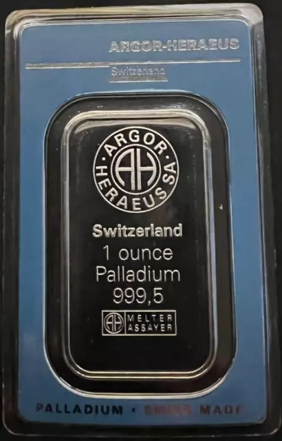 1 Oz Palladium Bar Argor-Heraeus .9995 Fine w/Assay -New-