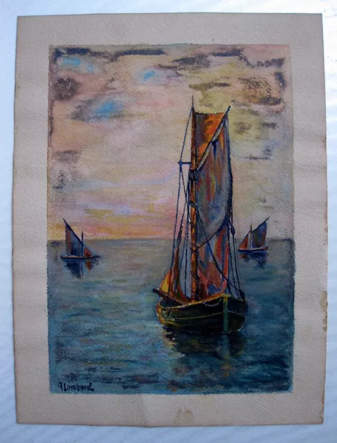 Superbe peinture gouache  marine bateau Alfred Lombard  Fauve Marseille